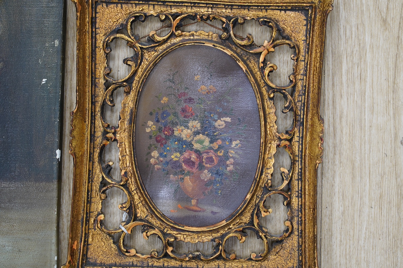 Early 19th century, two oils on canvas, Still lifes of flowers, largest 33 x 36cm, one ornately gilt framed. Condition - poor